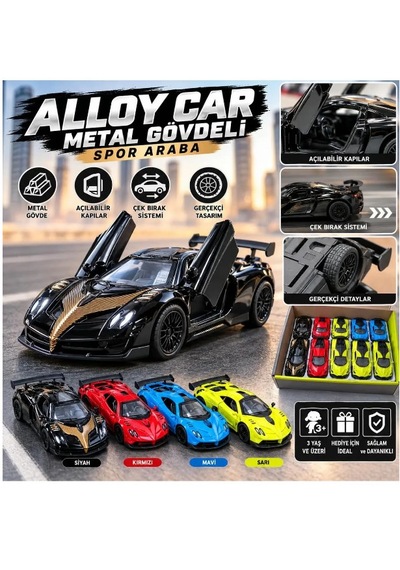 Metal Gövdeli Spor Araba Oyuncak Çek Bırak Açılır Kapılı Yarış Arabası Model Araba 3+ Yaş