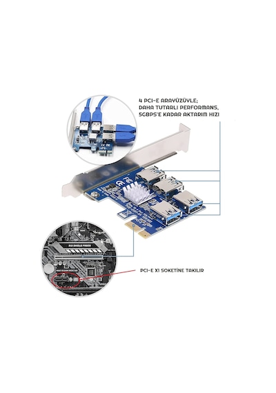 Pcı-E Express 1X 1 To 4 Usb 3.0 Riser Çoğaltıcı &  Çoklayıcı