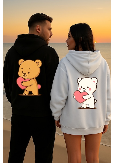 Nevermind Kalpli Ayıcık Sevgili Kombini Hoodie Unisex Oversize Çift Sweat Siyah-Beyaz