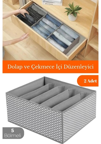 2 Adet - 5 Bölmeli Dolap Ve Çekmece Içi Düzenleyici Saklama Kutusu Organizer - Gri Benekli Kumaş 35 Diğer