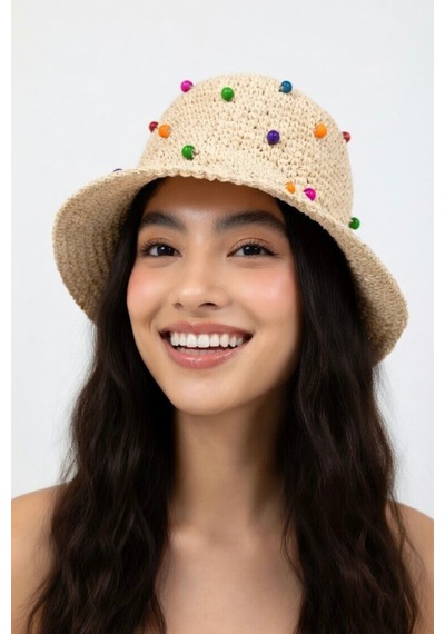 Mollycrush Kadın Renkli Boncuk Detaylı Bej Hasır Bucket Şapka El Örgüsü Yazlık Trend Kova Stil Bej