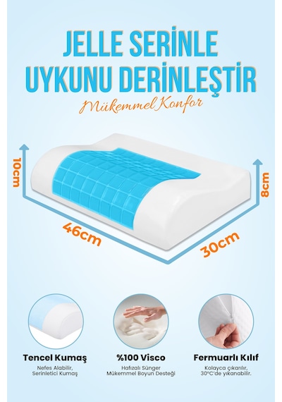 Viscofoam Terletmeyen Boyun Destekli Ortopedik Yastık Jelli Visco Yastık - 46x30x10-7cm
