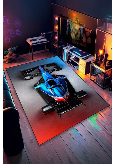 Formula 1 Mavi Yarış Arabası Halı Kaymaz Taban Yıkanabilir Çocuk Odası Halısı F1.3