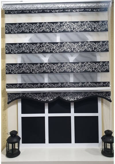 Zebra Stor Perde Siyah Sarmaşık Desen Gümüş Simli Etek Dilimli Stb9300 V 03
