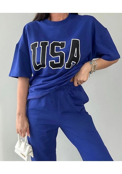Usa T-shirt Eşofman Altı Jogger- Mavi Baskılı Alt Üst Eşofman Takım Oversize Bisiklet Yaka Mavi Usa T-shirt Eşofman Altı Jogger- Mavi Baskılı Alt Üst Eşofman Takım Oversize Bisiklet Yaka Mavi