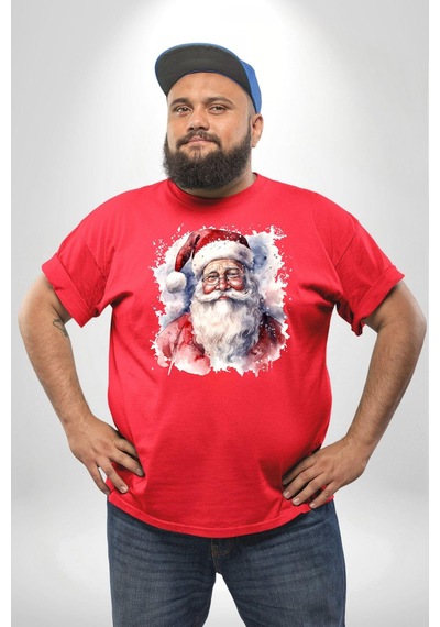 Angemiel Mutlu Noel Baba Yeni Yıl Tasarımı Kırmızı Büyük Beden Erkek Kadın Unisex Basic Ön Baskılı Tişört Kırmızı