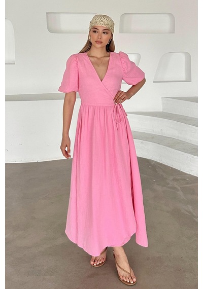 Olcay V Yaka Belden Bağlamalı Müslin Elbise Pembe 9354-e