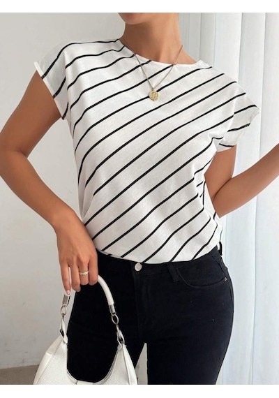Moderie Butik Kadın Kısa Yarasa Kollu Bisiklet Yaka Çizgi Desenli Atlas Bluz Beyaz