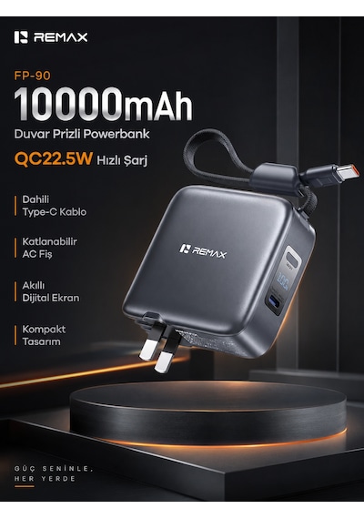 Remax Cloudatlas 10000mah 22.5w Dahili Type-c Kablolu & Katlanır Fişli Powerbank Adaptör Fp-90 Mat Gri Koyu Gri