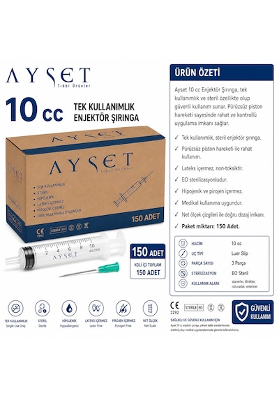 Ayset 10cc 3 Parça Yeşil Uçlu Enjektör 50 Adet
