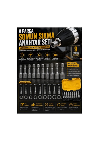 9 Parça Somun Anahtarı Somun Matkap Uçları Sıkma Seti 10mm