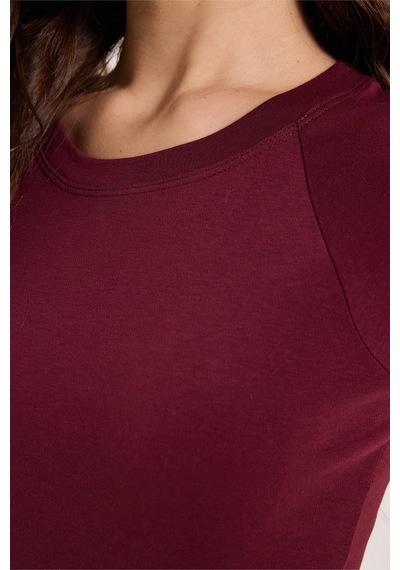 Tudors Kadın Slim Fit Dar Kesim Bisiklet Yaka Reglan Kol %100 Pamuk Bordo Tişört Bluz-51067