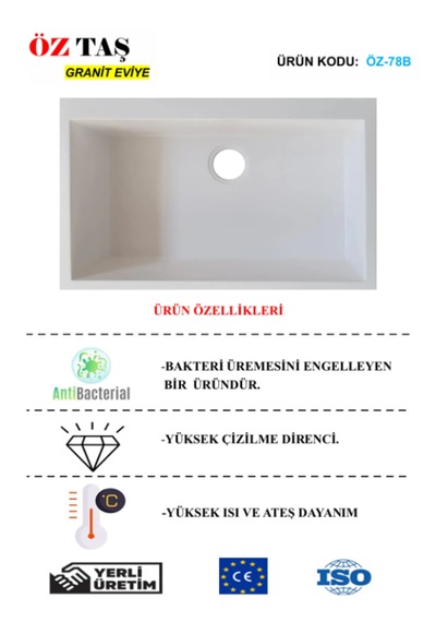 Öztaş ÖZ-78b Granit Mutfak Eviye Beyaz Tek Gözlü 50 x 78 CM