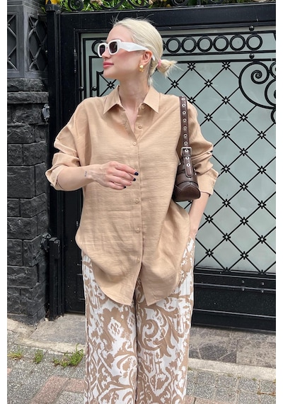 Madmext Bej Uzun Kollu Oversize Gömlek Mg2003-bej Bej