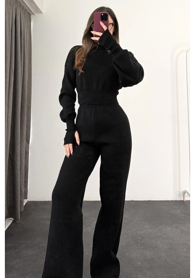 Lady Doll Parmak Geçirmeli Yumuşak Doku Minimal Triko Takım Siyah Siyah