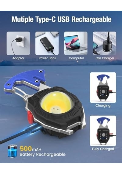 Çok Fonksiyonlu Mini El Feneri Cob Anahtarlık Tipi, 6 Modlu 800 Lümen Işık, Usb Type-c Şarjlı, Kamp Ateş Ba