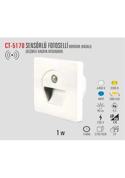 Cata Ct-5170 Sensörlü Kordidor Fotoselli Armatür 1W Günışığı N11.4448 Beyaz