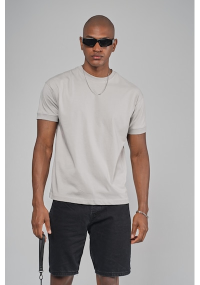 King Brich Slim Fit Kalıp Kolu Ribanalı Basic %100 Pamuklu Tişört Gri