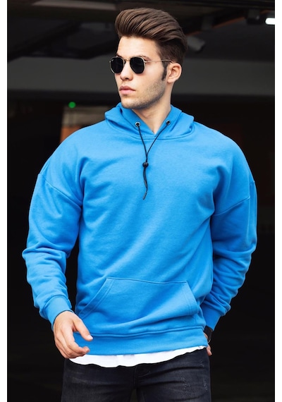 Madmext Basic Saks Erkek Kapüşonlu Sweatshirt 4764 Sax Mavi