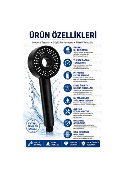 Yeni Nesil 5 Fonksiyonlu Filtreli Duş Başlığı Yüksek Basınçlı Pp Pamuk Filtreli Su Tasarruflu Kireç Çok Renkli