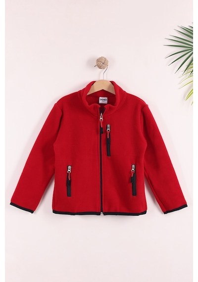 Monox Çocuk Lastik Manşetli Fermuarlı 3 Cepli Unisex Polar Ceket Kırmızı