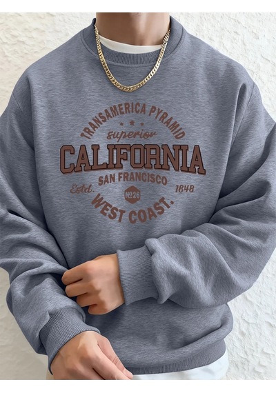 Startmore Tarzsokak California West Coast Prints Erkek Kapüşonlular Sonbahar Gevşek Tişörtü Hip Hop Bisiklet Yaka Gri
