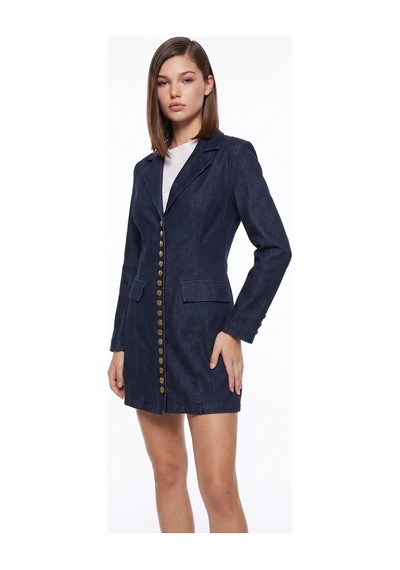 CEMO Gold Düğme Detaylı Uzun Blazer Ceket Lacivert
