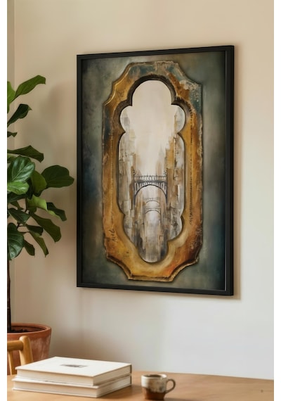 1 Adet Doğal Ahşap Çerçeveli Minimalist Soyut Çizim Vintage Tablo