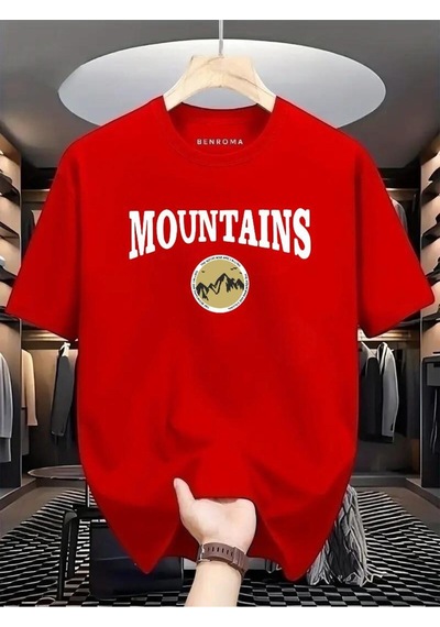 Mountaıns Baskılı Oversize Tişört Kirmizi