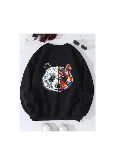 Tarzsokak Siyah Oversize Panda Baskılı Pamuklu 0 Yaka Kapşonsuz Unisex Sweatshirt