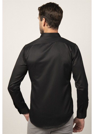 Tudors Slim Fit Dar Kesim Armürlü Erkek Gömlek-25756 Siyah