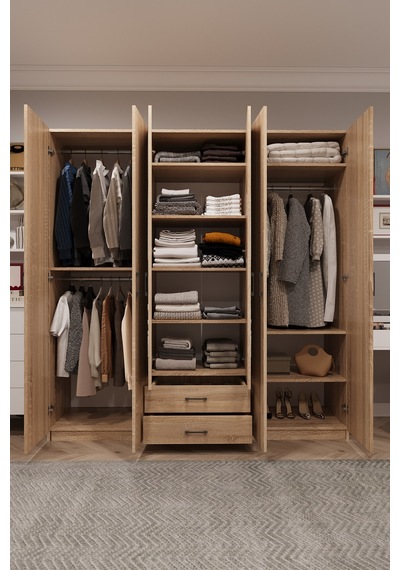 Asra Trend 6 Kapaklı Gardırop G-05 %100 MDF 2 Çekmeceli Aynalı Elbise Dolabı Sonoma