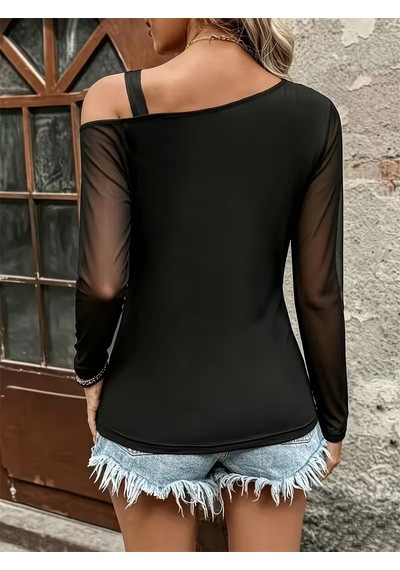 Bhrwear Kadın Uzun Kollu Tek Omuzdan Açık Askılı Tüllü Viskon Bluz Renkli