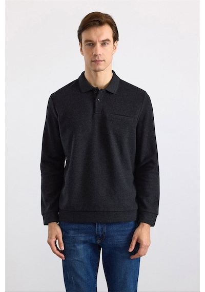 Süvari Siyah Regular Düz Polo Yaka Sweatshirt Ssw2013700002-s09