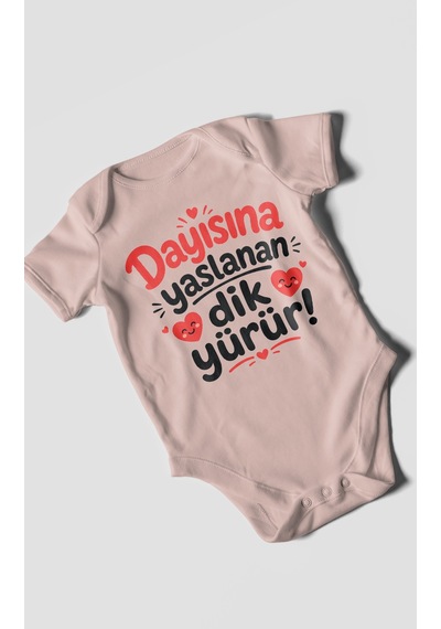 Morivokids Dayısına Yaslanan Dik Yürür Kısa Kollu Bebek Body %100 Pamuk Zbn254-kk Pastel Pembe