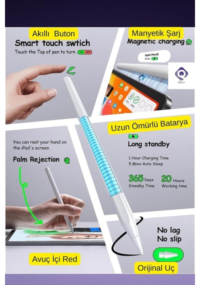 İpad 10.2 İnç 9. Nesil Uyumlu Manyetik Ve Kablosuz Şarj Özellikli 2. Nesil Bluetooth Tablet Kalemi