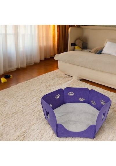 Kedi Yatağı Yuvası Evi Minderli Taşınabilir 3 Mm Keçe Altıgen Tasarım Yuva+minder Mor