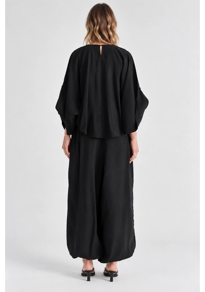 Mevese Rahat Kesim Modal Takım - Yarasa Kol Oversize Bluz Ve Geniş Paça Şalvar Pantolon - Siyah