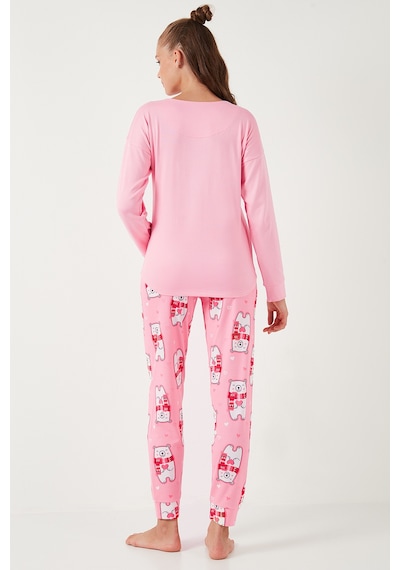 Lela Streç Standart Fit Bisiklet Yaka Desenli Bayan Pijama Takımı 6095700 Pembe