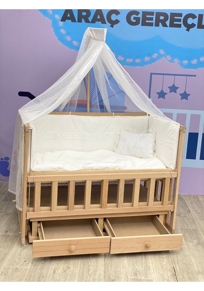 Ahşap Anne Yanı Asansörlü Çekmeceli Sallanır Beşik Tam Set Uyku Seti Koyu Gri