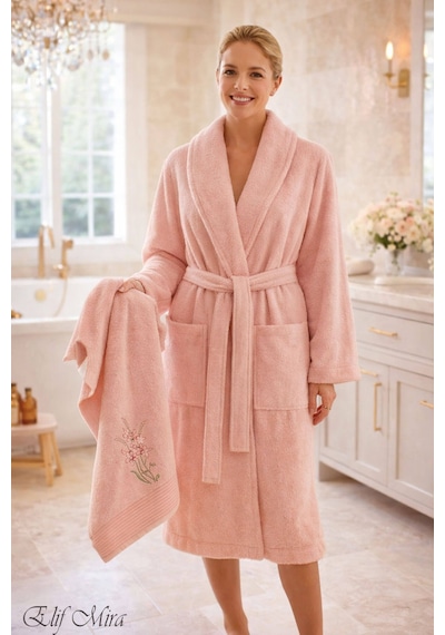 Tek Kişilik Banyo Havlulu Bornoz Seti Pamuklu Bukle Şalyaka Nuvia Pembe