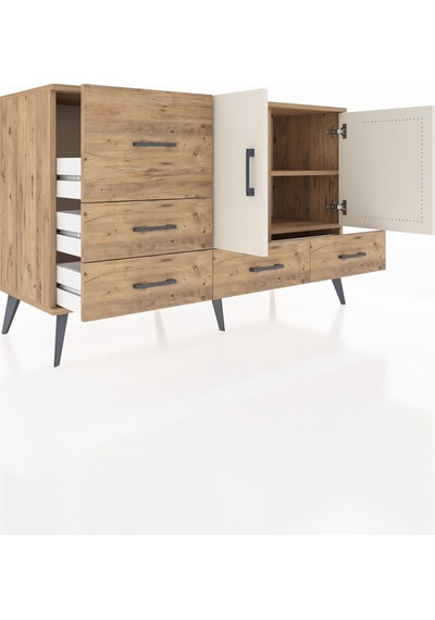 Kronos Konsol 4 Raflı 5 Çekmeceli 2 Kapaklı 132x59x83 Çam-aytaşı/çam Aytaşı/çam