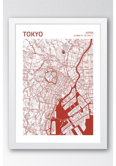 Tokyo Japonya Japan Haritası Çerçeveli Tablo Lüks Salon Ofis Duvar Dekorasyonu Hediyelik Tablo Beyaz