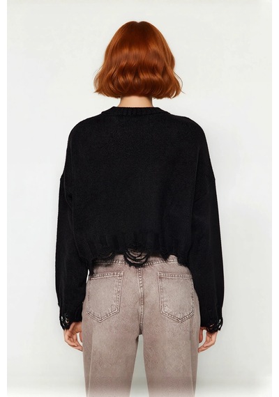 Ersefa Kadın Casual Crop Oversize Bisiklet Yaka Triko Kazak Düşük Kol Ak Siyah