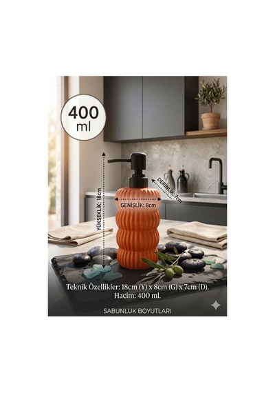 Dalgalı Seramik Mat Siyah Pompalı Sıvı Sabunluk - 400 Ml - 18 X 8 X 7 Cm Turuncu