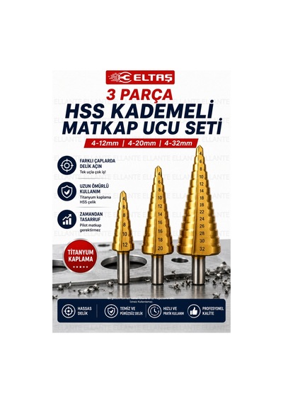 3 Parça Hss Titanyum Kaplamalı Kademeli Matkap Ucu Seti 4-12 / 4-20 / 4-32 Mm