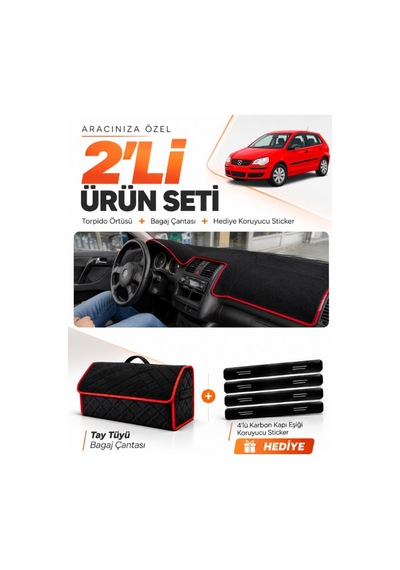 Volkswagen Polo Dürbün 2001-2009 Uyumlu Torpido Örtüsü + Tay Tüyü Çanta Seti - Siyah Kırmızı