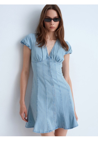 Dilvin 90583 %100 Pamuk Çıtçıt Detaylı Denim Elbise-mavi