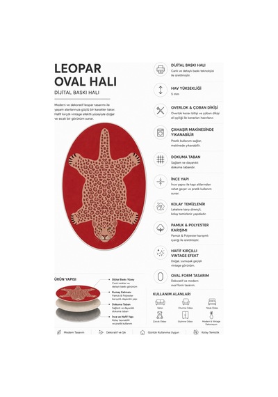 Leopar 03 Kırmızı Pembe Leopar İnce Vintage Görünüm Şönil Dokuma Oval Oturma Odası Ev Koridor Halısı