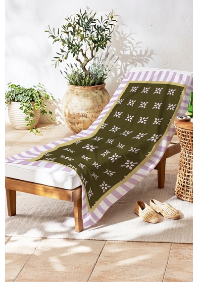 Çiçekli Çizgili Modern Plaj Havlusu - Bohem Lila Haki Akdeniz Stil Hızlı Kuruyan Mikrofiber Havlu Bulut Armut